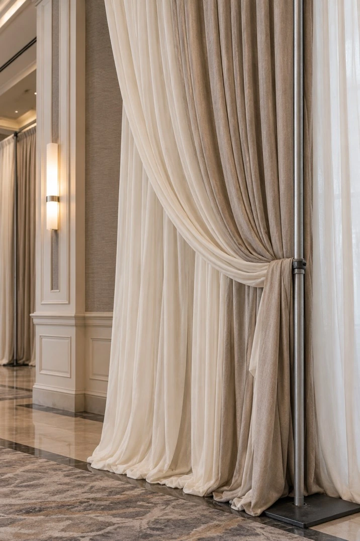 Close detail of professional event draping and fabric installation