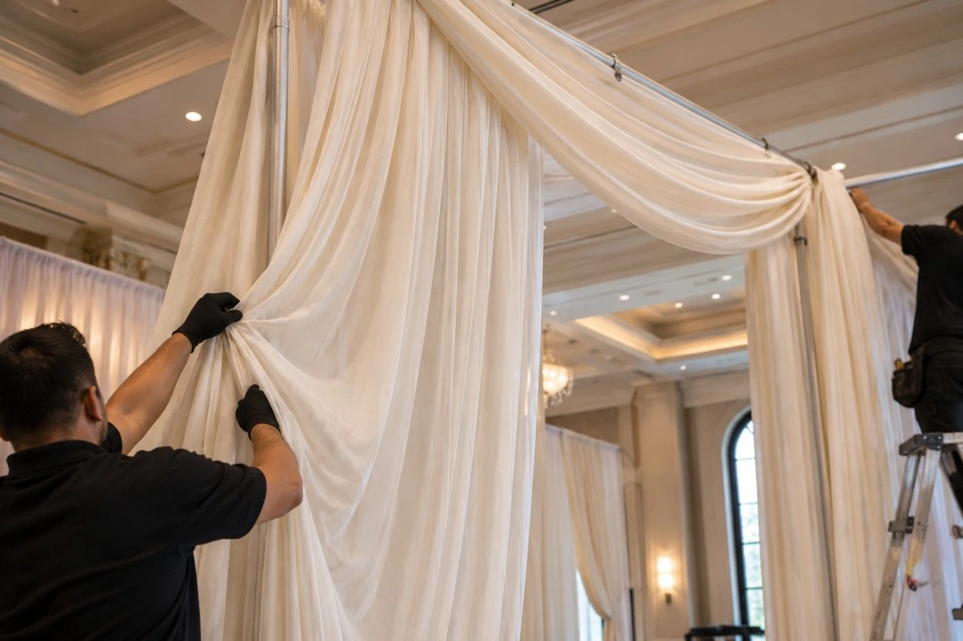 Close view of event draping being prepared inside a venue