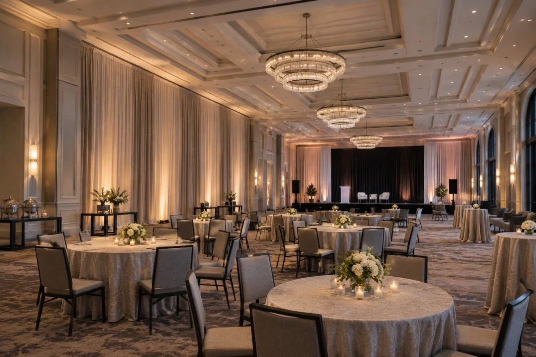 Event venue transformed with selective wall draping and a defined stage background