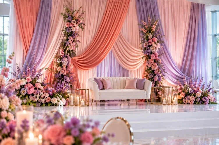 Layered fabric event backdrop with warm venue lighting