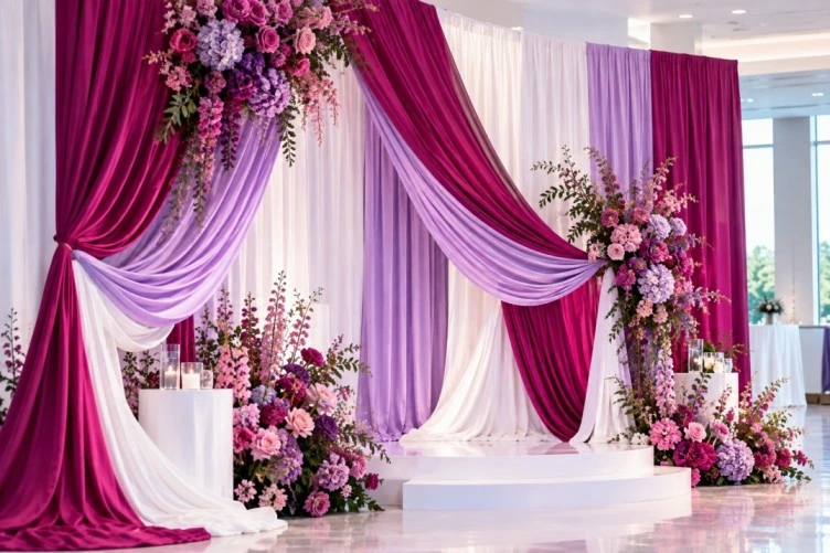 Illustrative layered fabric event backdrop