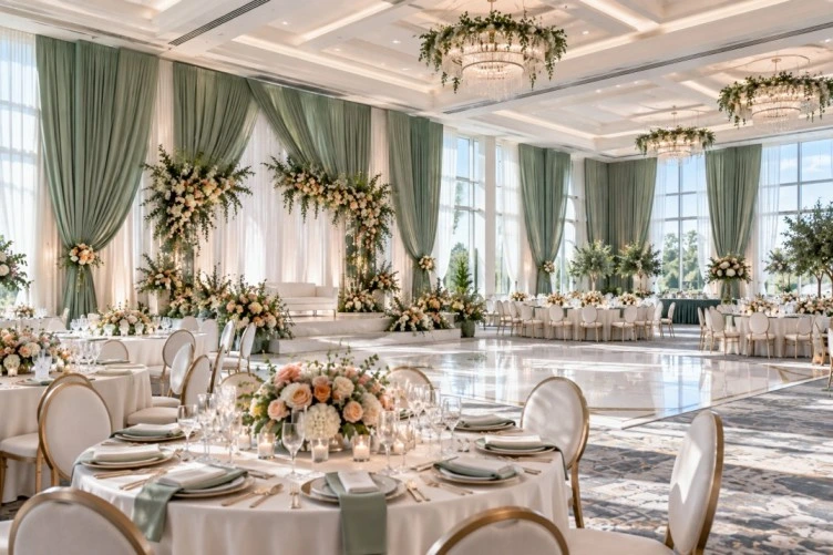 Illustrative ballroom with floor to ceiling event draping