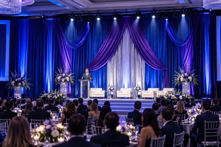 Illustrative professional stage framed with event draping