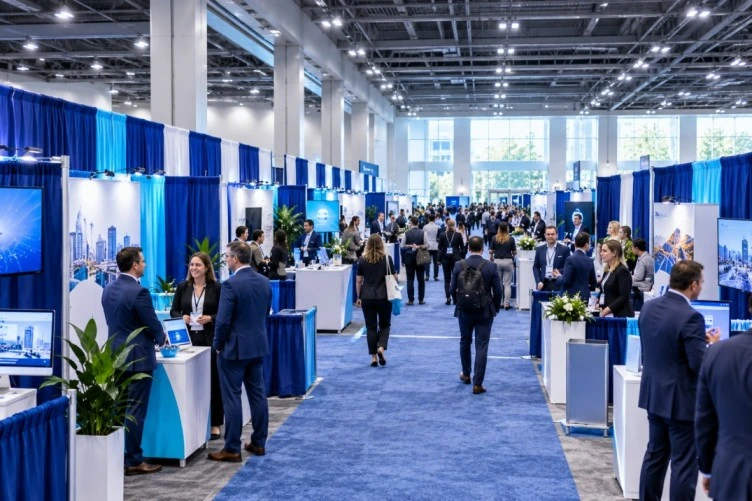 Trade show floor organized with professional pipe and drape partitions