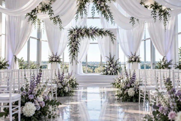 Wedding ceremony space with elegant fabric draping