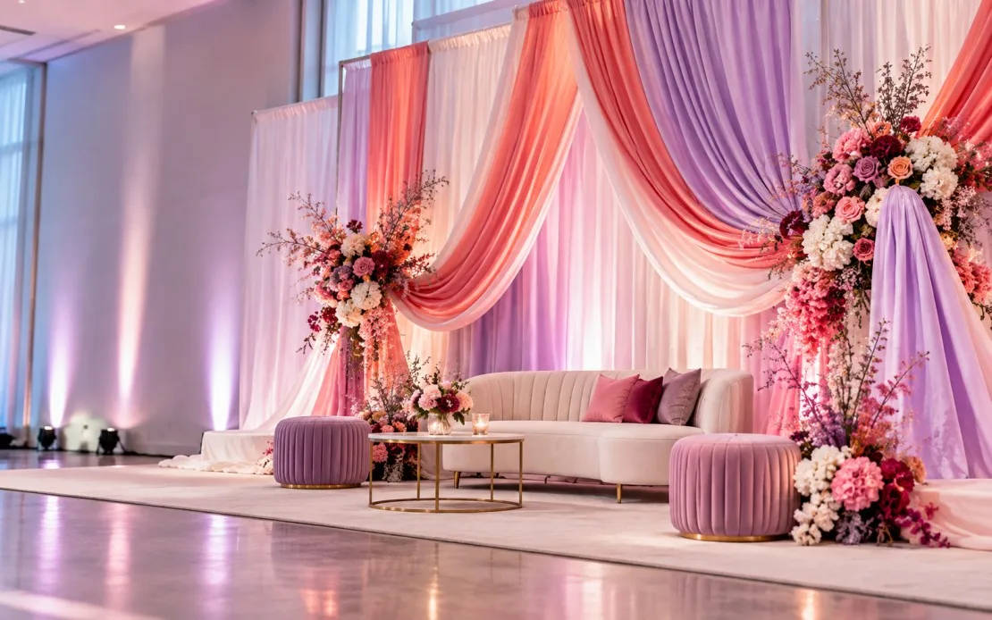 Layered fabric event backdrop in coral, lilac, and soft pink tones