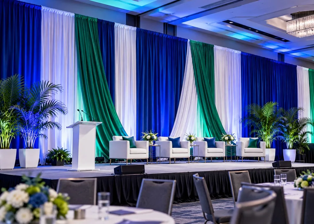 Corporate event stage with a polished fabric backdrop and cool lighting