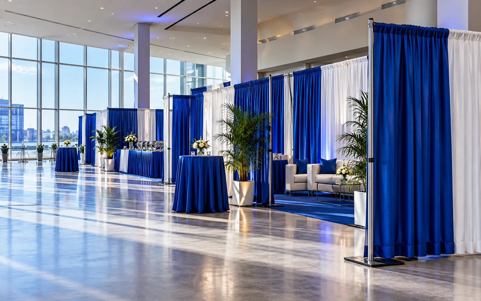 Professional pipe and drape installation creating temporary event walls and a clean backdrop