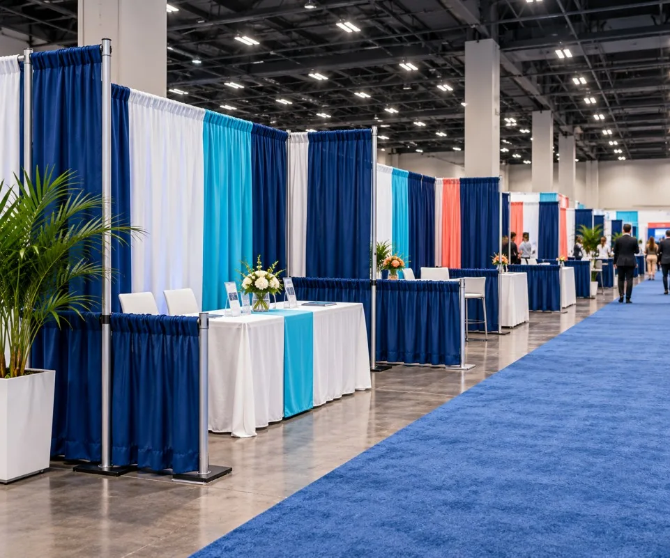Professional trade show floor with pipe and drape booth boundaries and clean exhibit aisles