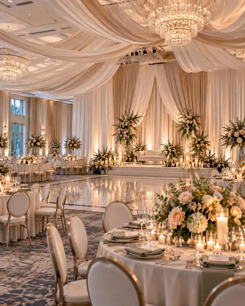 Refined ballroom transformation with layered wall draping and ambient lighting