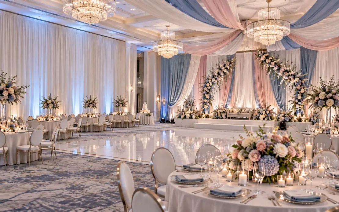Luxury event room transformation with elegant ceiling draping, soft lighting, and layered focal design