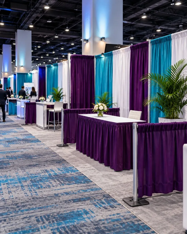 Trade show exhibit booths separated by colorful temporary draping