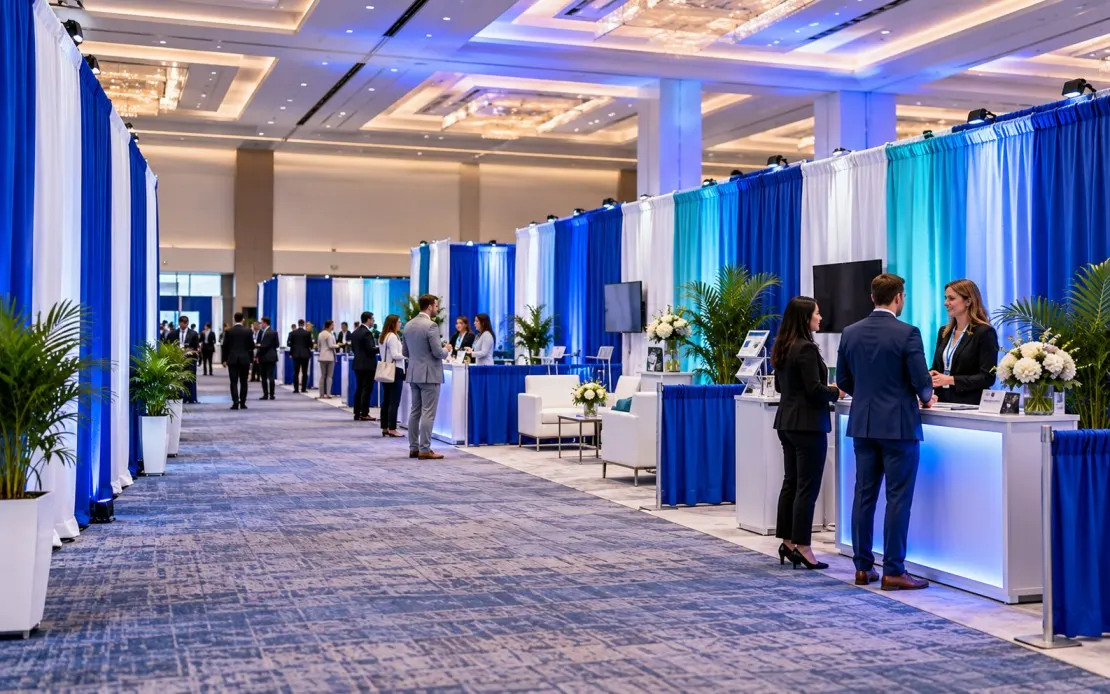 Bright professional trade show floor with colorful pipe and drape booth divisions