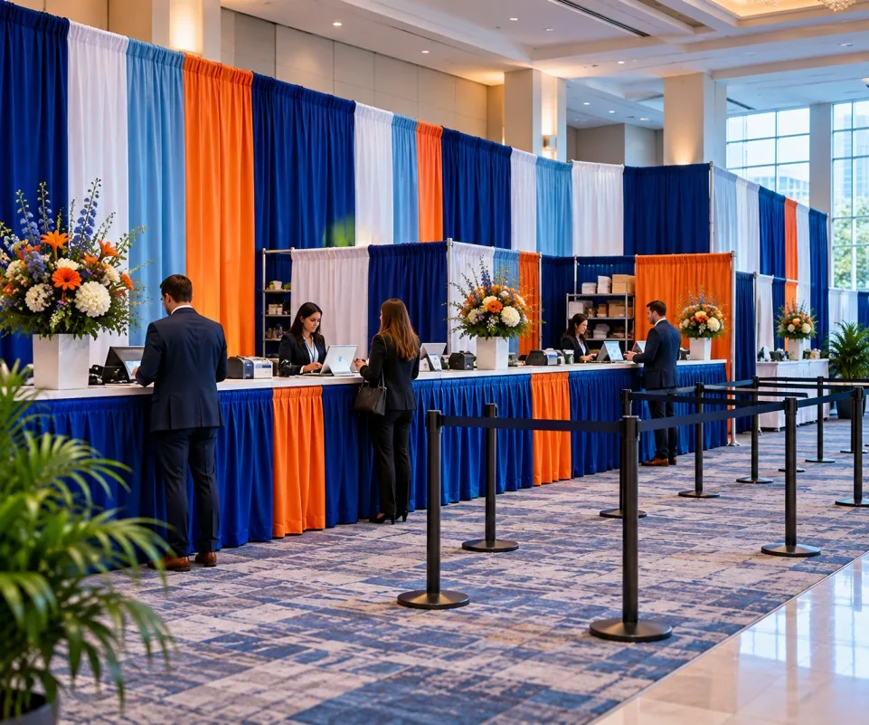 Bright trade show registration area with navy, orange, and sky blue temporary draping