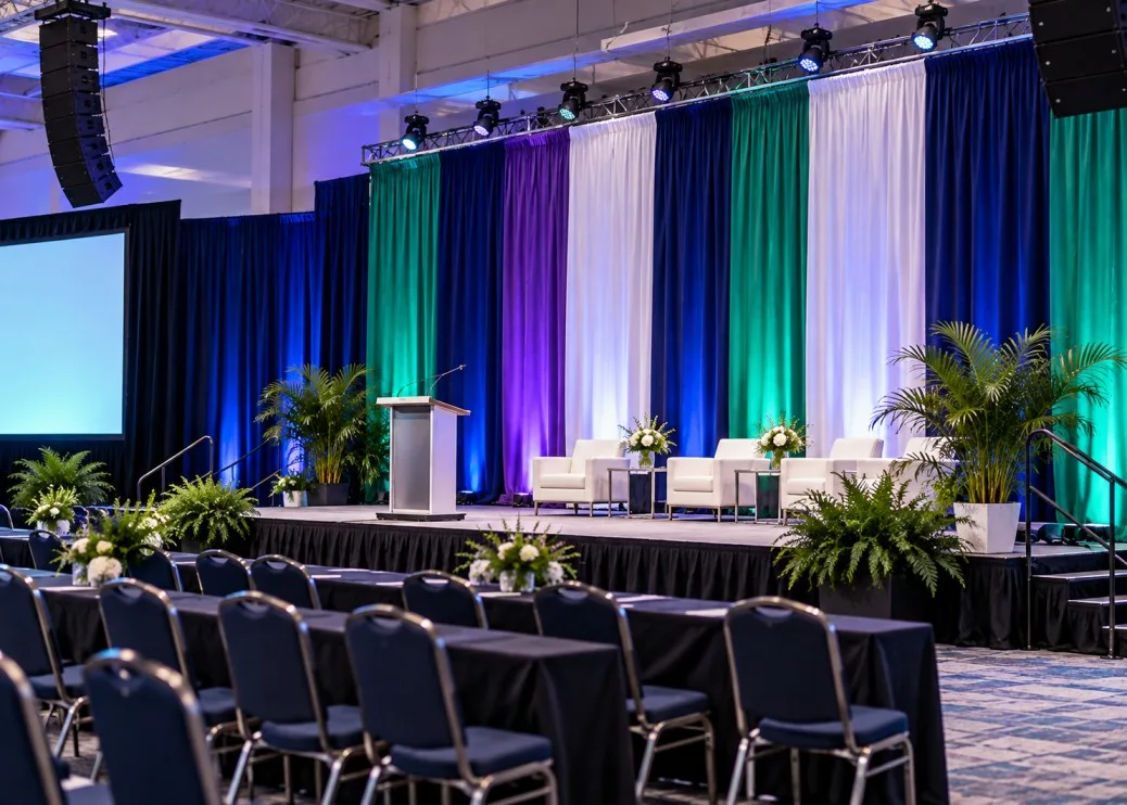 Trade show presentation stage with emerald, violet, and white professional draping
