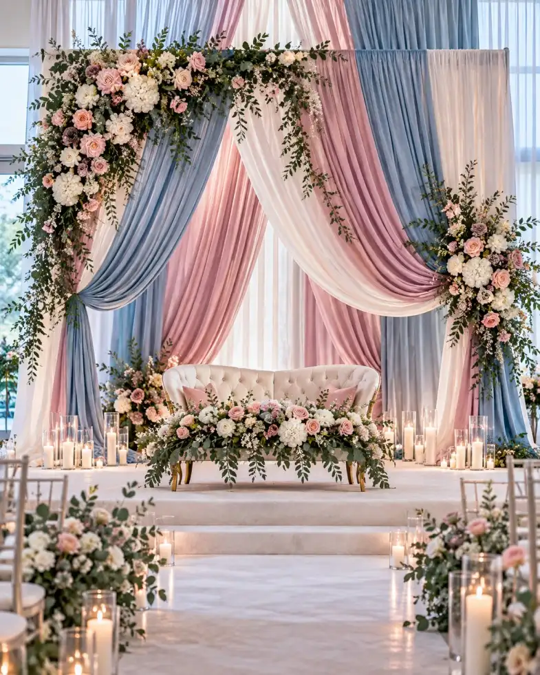 Wedding sweetheart backdrop with layered fabric and floral accents