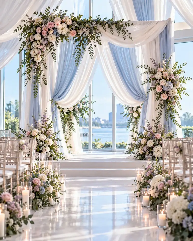 Wedding ceremony with airy blue and ivory draping, blush accents, and fresh greenery