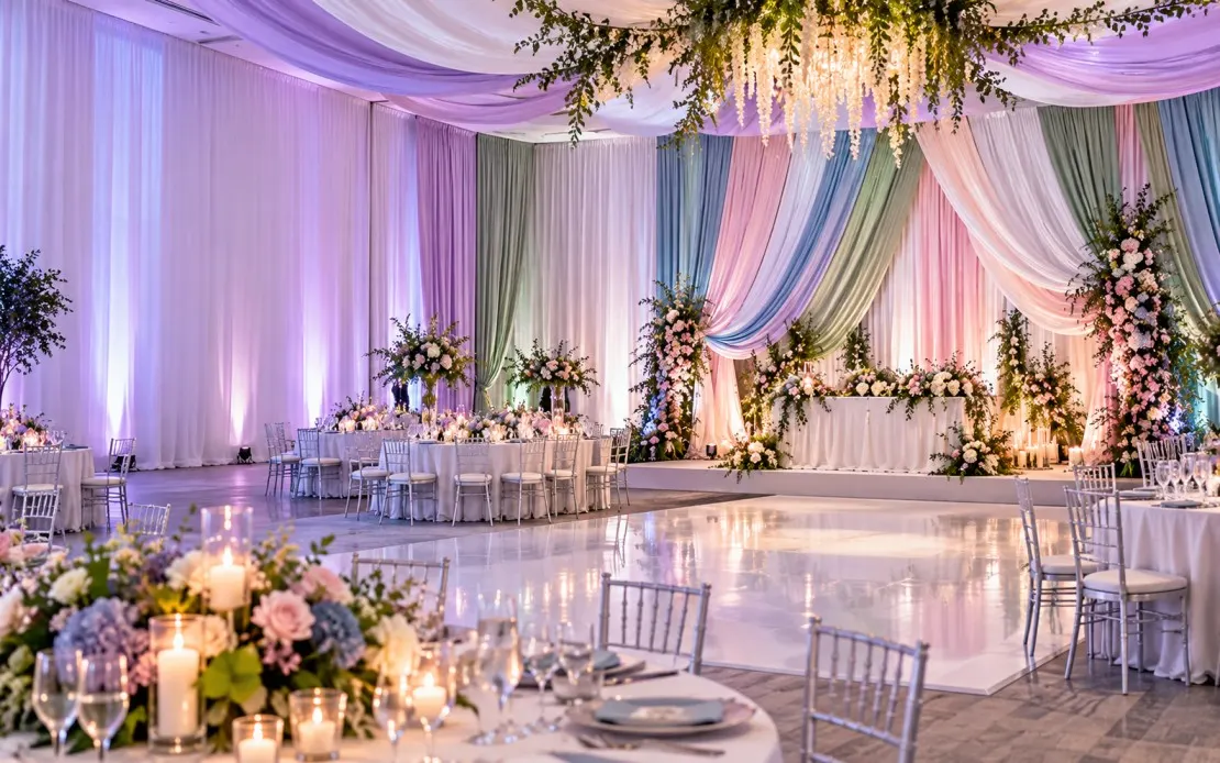 Bright wedding reception with layered lavender, white, and sage fabric draping