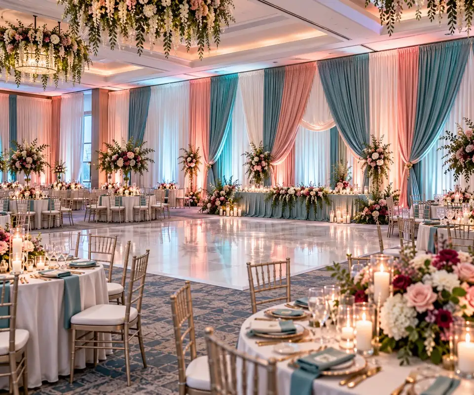 Wedding reception with peach, dusty teal, ivory, and berry draping accents