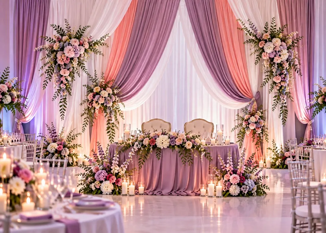 Wedding sweetheart table with mauve, lilac, coral, and white fabric backdrop